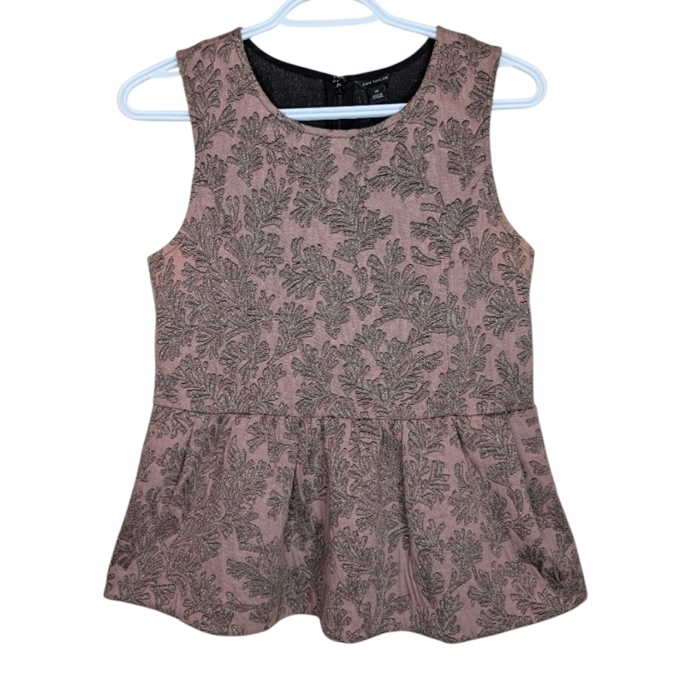 Ann Taylor Sleeveless Shimmer Leaf Peplum Shell Top Women XS Copper Rose Gold